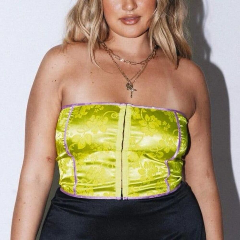 Princess Polly Erina Green Jacquard Sequin Strapless Corset Top 2 NWT